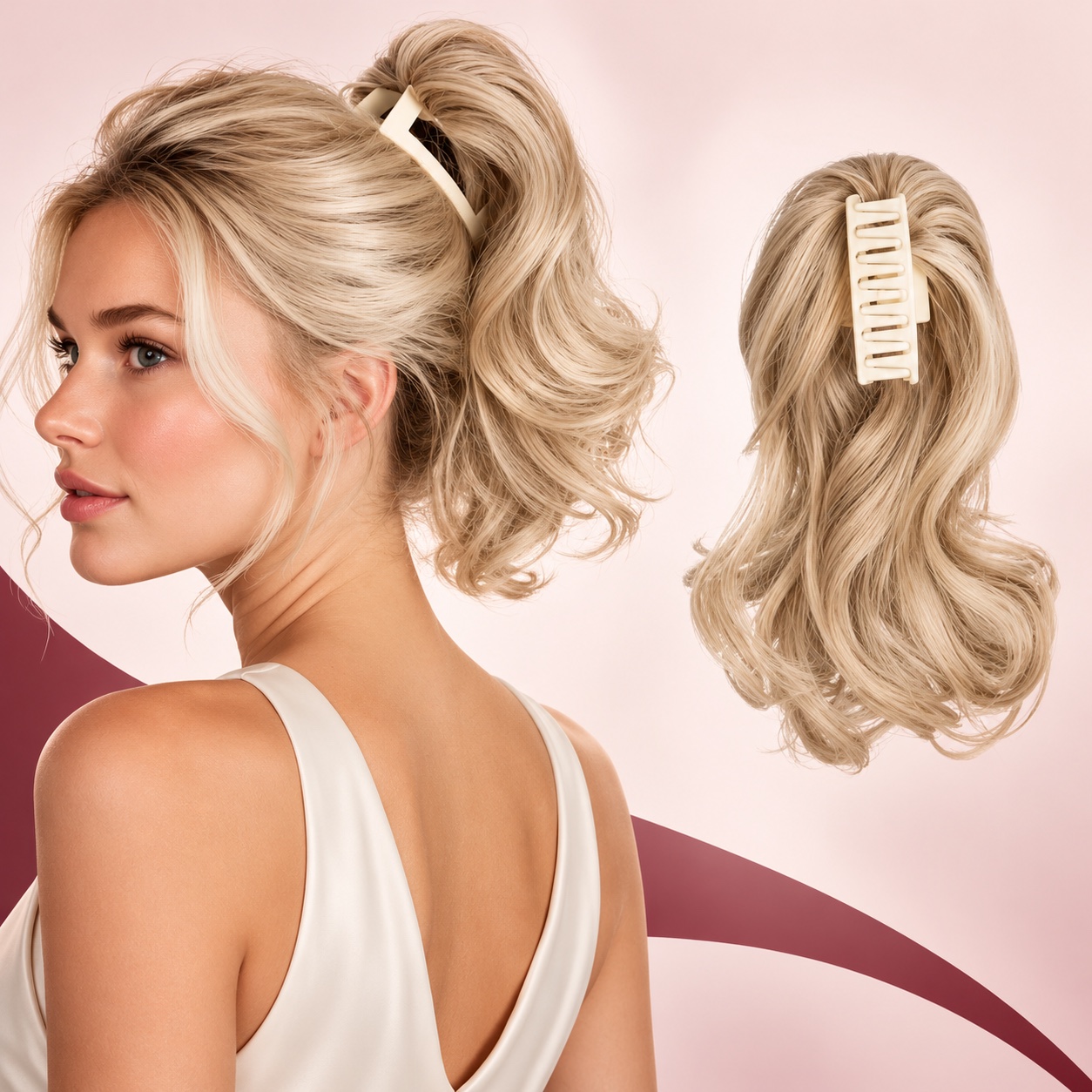 Claw-clip hairpiece shown on a foreign model
