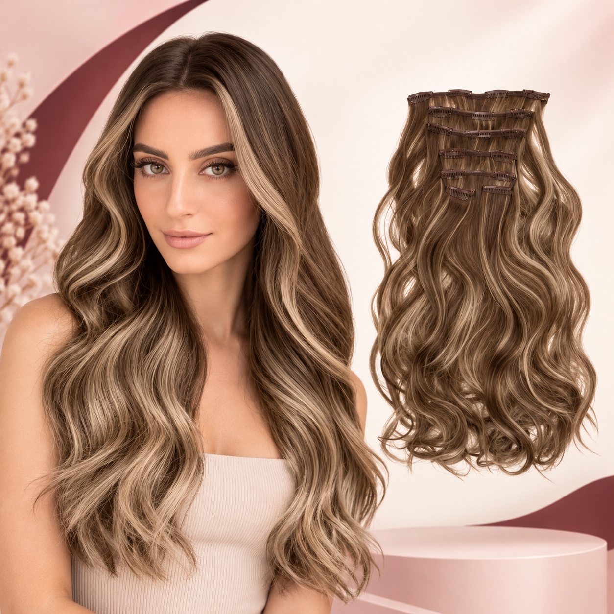 Clip-in extensions shown on a foreign model